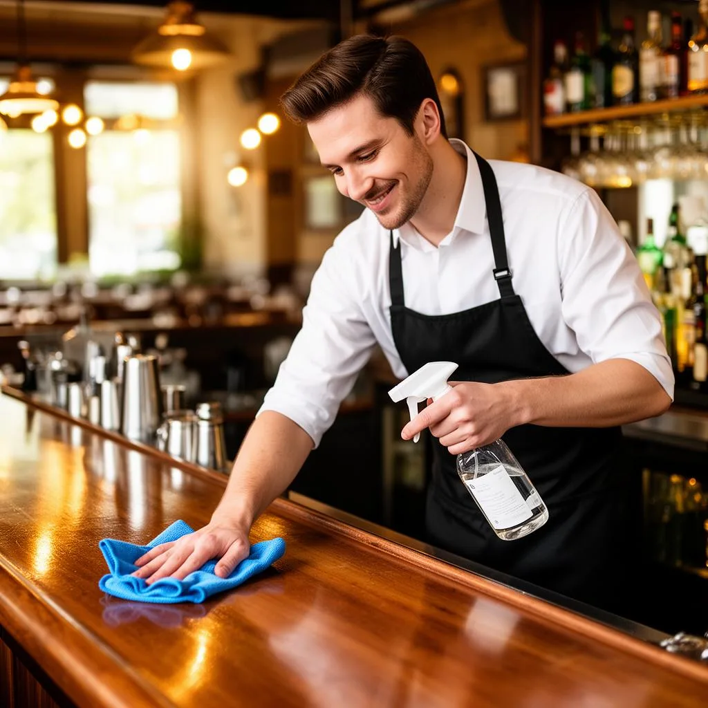 Camarero limpiando y desinfectando la barra de un bar - aplicación de ozono en hostelería Nösslin